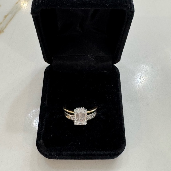 Gold Bridal Set- 2CT Emerald Cut Engagement Ring &White Gold Wedding Band - Picture 5 of 9